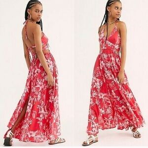 Free People Red Floral Lille Halter Cutout Tie Back Boho Maxi Dress Size Large
